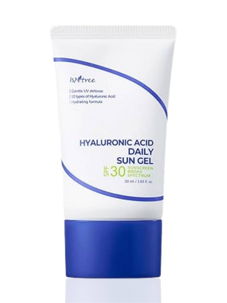 Tube of Hyaluronic Acid Daily Sun Gel with blue and white design on a white background