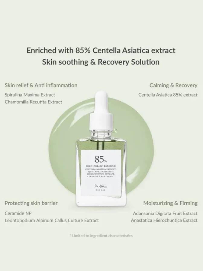 Skincare serum bottle with dropper on a light gray background, featuring text about ingredients and benefits.