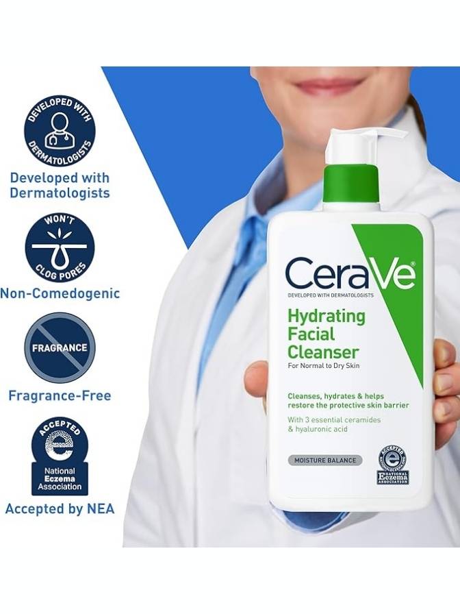 CeraVe hydrating facial cleanser bottle held by a person with product features displayed.