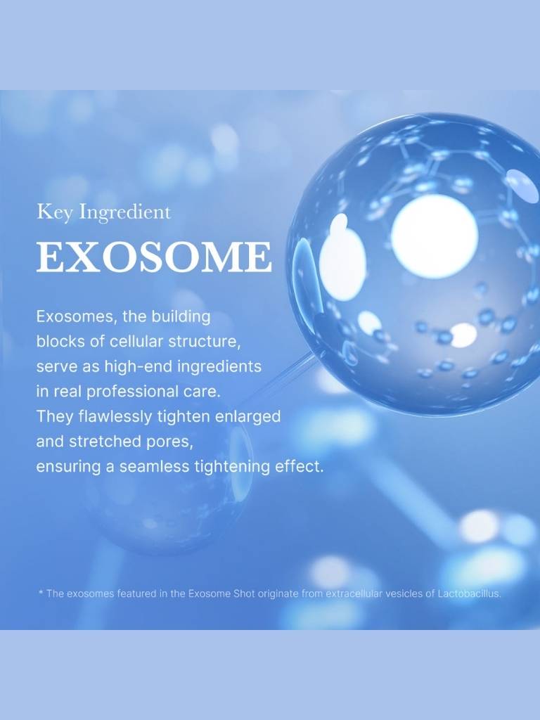 Advertisement for exosomes with a blue background and exosome graphic.