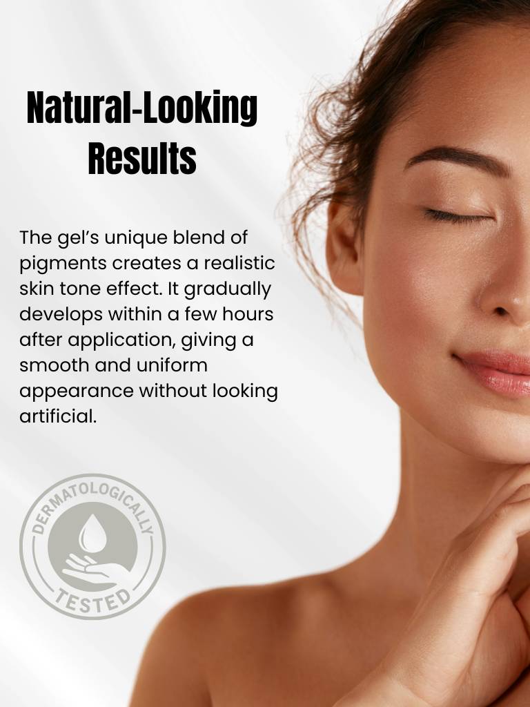 Woman with smooth skin and text about natural-looking results from a gel product.