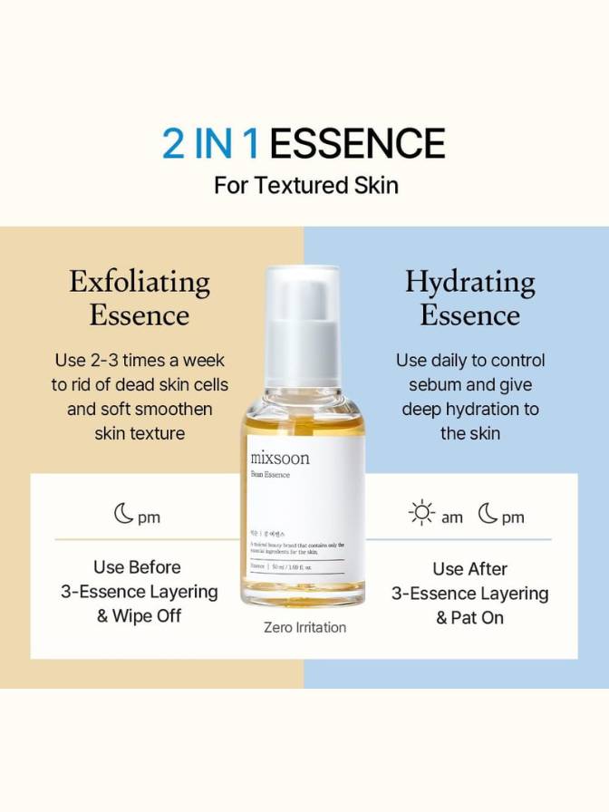 2-in-1 essence bottle with usage instructions on a multicolored background