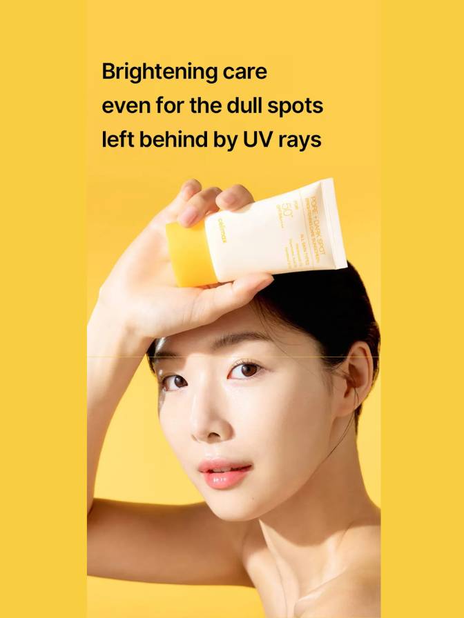 Woman applying cream with a sponge on a yellow background, text about brightening care.