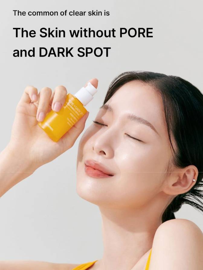 Woman applying skincare product with text about clear skin