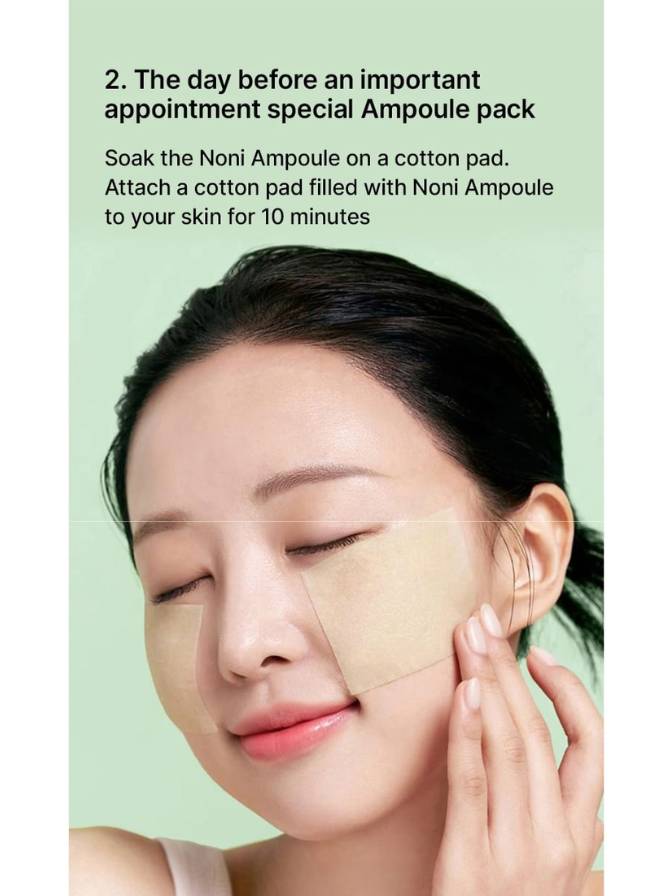 Woman applying a Noni Ampoule pack to her face with text on a green background