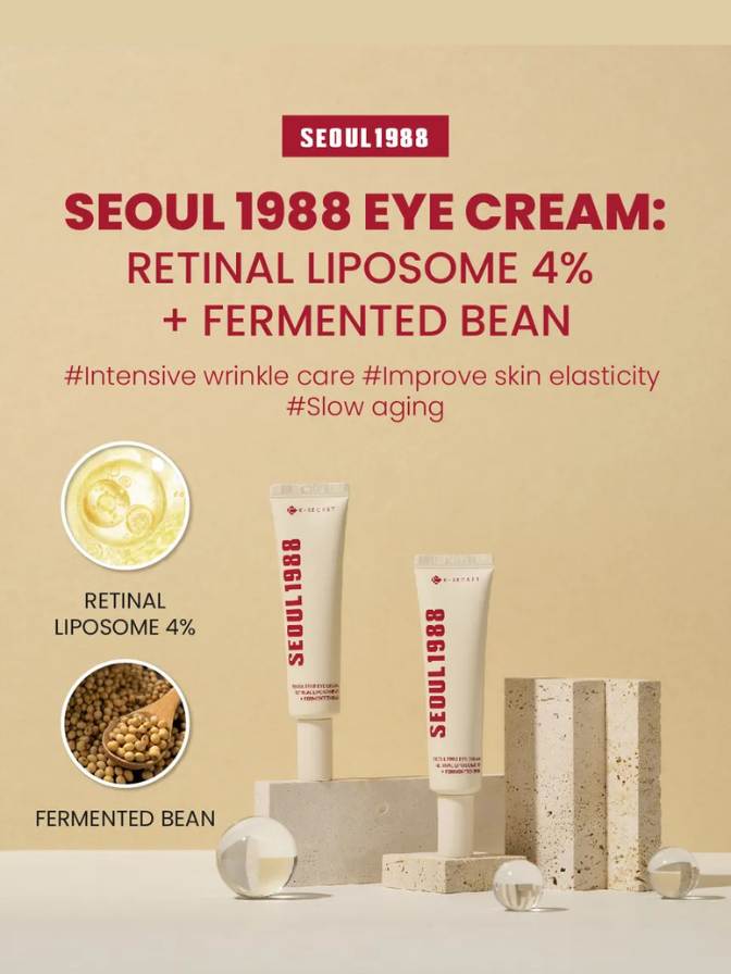 Advertisement for Seoul 1988 eye cream with product packaging and ingredients on a beige background.