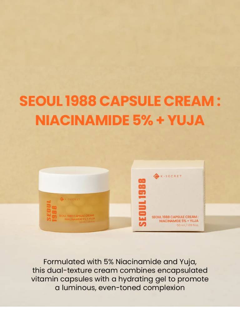 Seoul 1988 capsule cream with packaging on a beige background