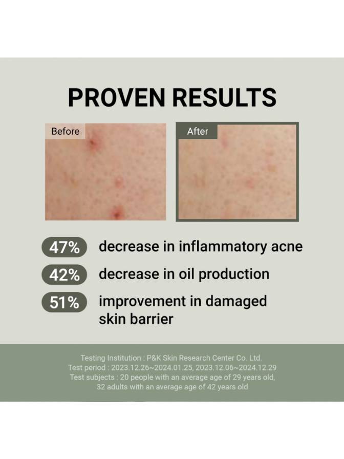 Before and after skin comparison with proven results on a gray background