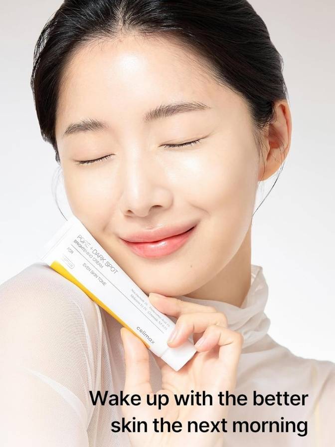 Woman holding a skincare product with text 'Wake up with the better skin the next morning' on a white background