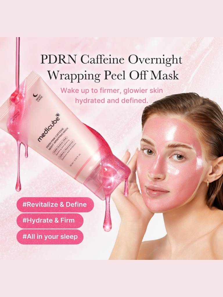 Woman wearing a pink face mask withMedicube PDRN Caffeine Overnight Wrapping Peel Off Mask packaging on a pink background.