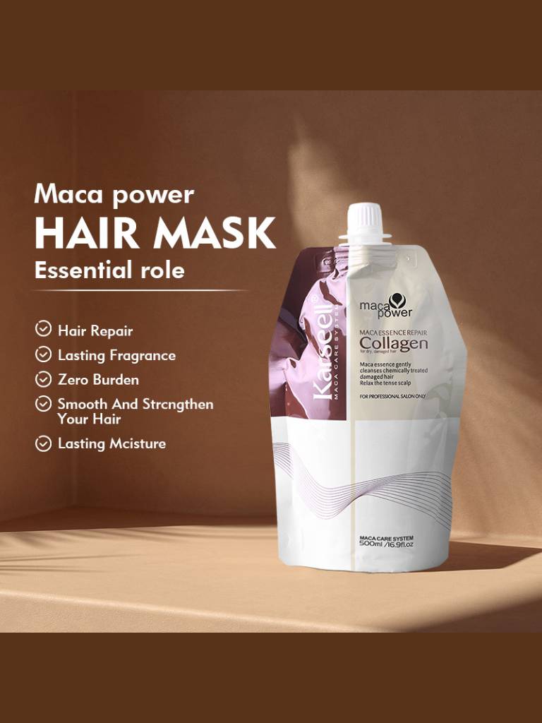 Maca power hair mask packaging on a brown background