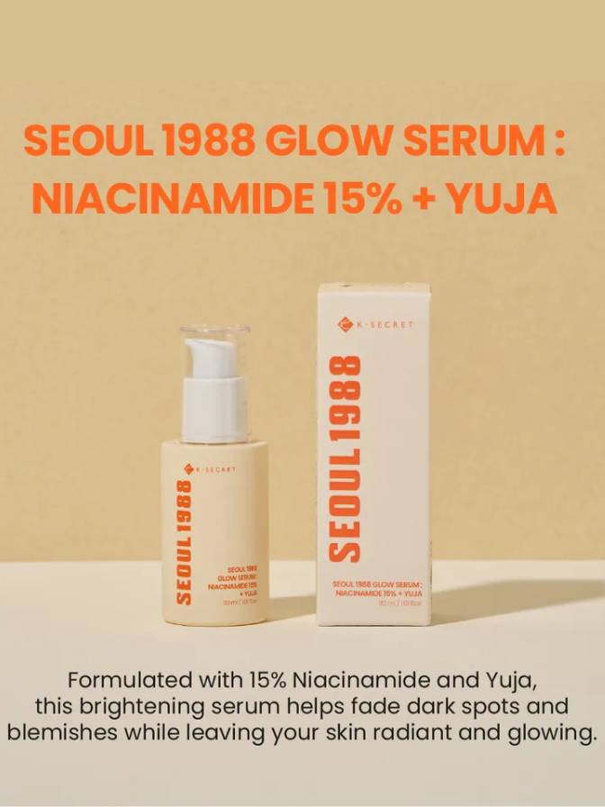 Seoul 1988 Glow Serum with packaging on a beige background