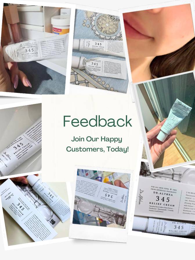 Collage of product packaging and usage with text inviting feedback from happy customers.