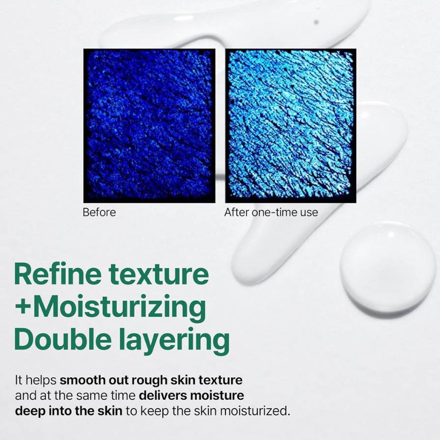 Before and after comparison of skin texture with a product application, highlighting refinement and moisturizing effects.