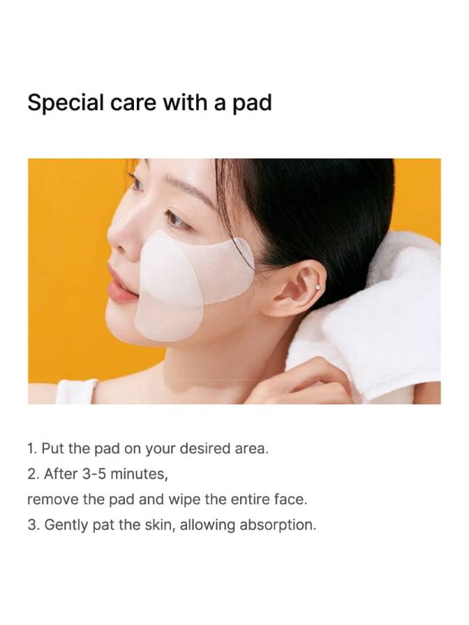 Person using a face pad with instructions on a white background