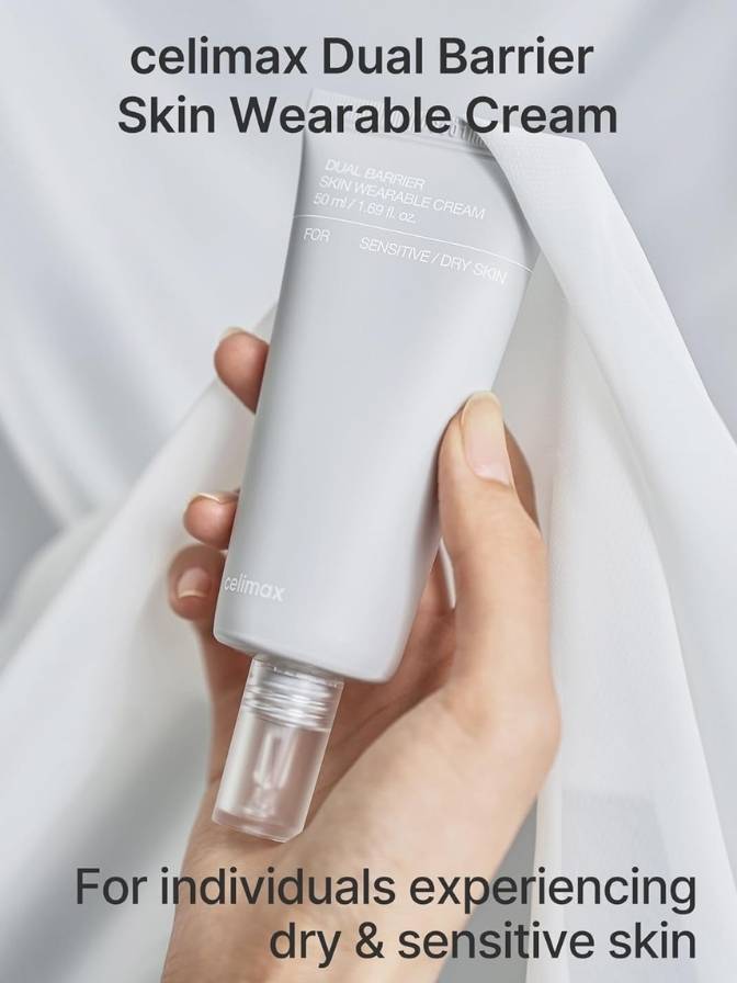 Celimax Dual Barrier Skin Wearable Cream held in a hand with a white background