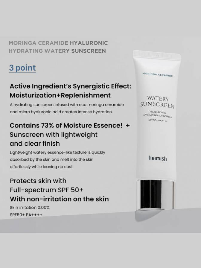 Heimish Watery Sunscreen packaging with product details on a white background