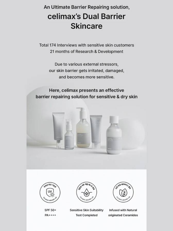 Cellimax Dual Barrier Skincare products with text on a white background