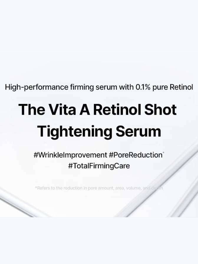 Advertisement for The Vita A Retinol Shot Tightening Serum with text on a white background