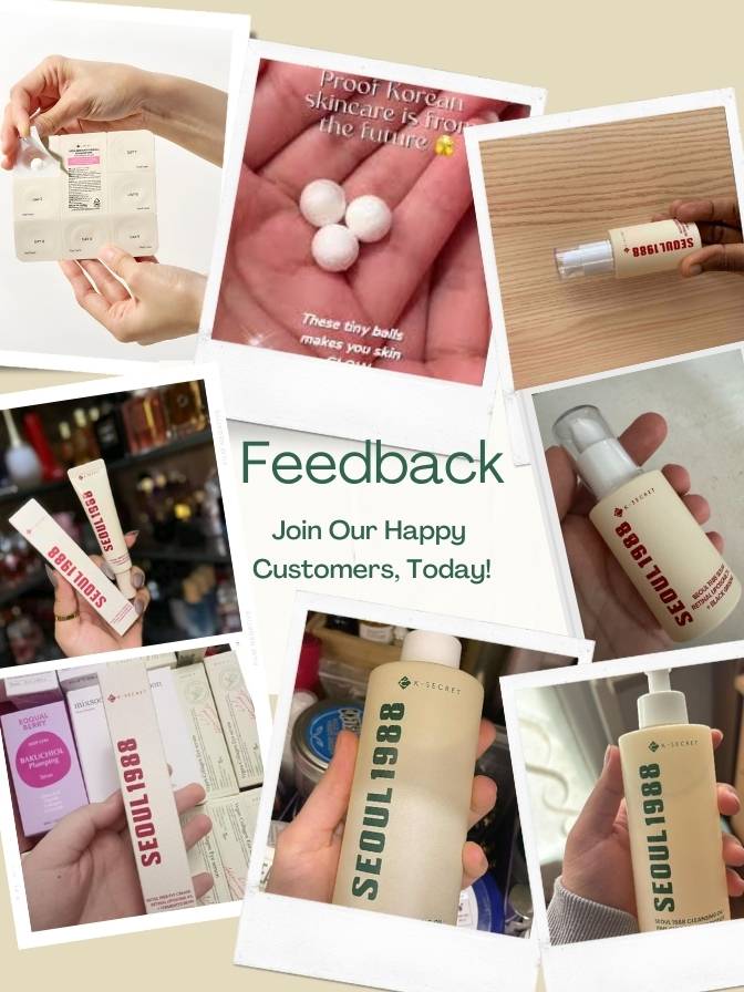 Collage of skincare products with 'Feedback' text inviting customers to join.