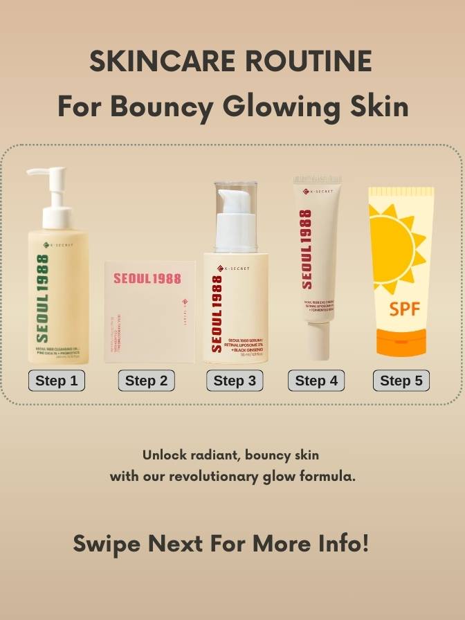 Skincare routine steps with products on a beige background