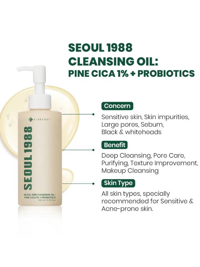 Seoul 1988 cleansing oil bottle with product details on a white background