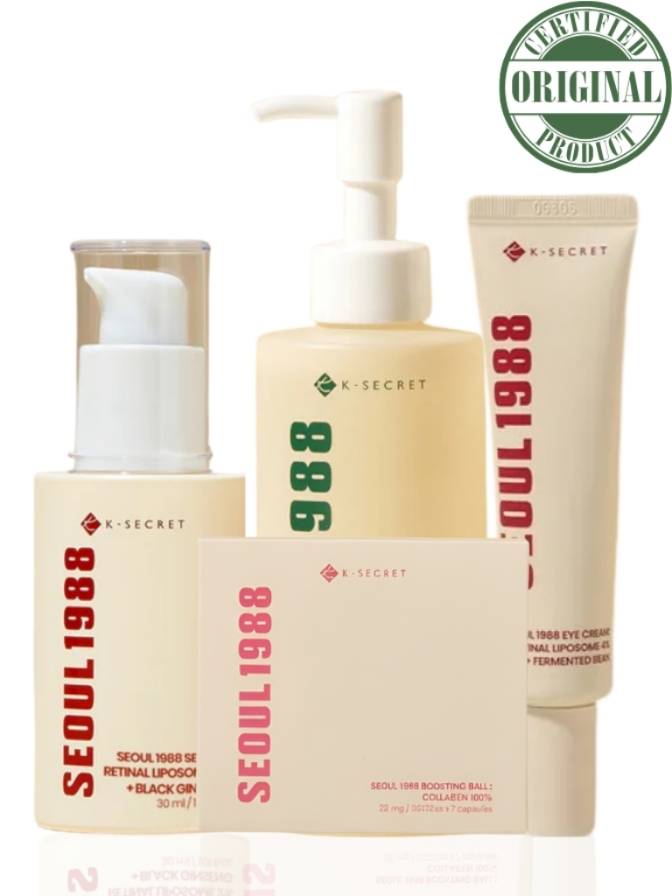 K-secret skincare products including bottles and tubes with 'Seoul 1988' branding.