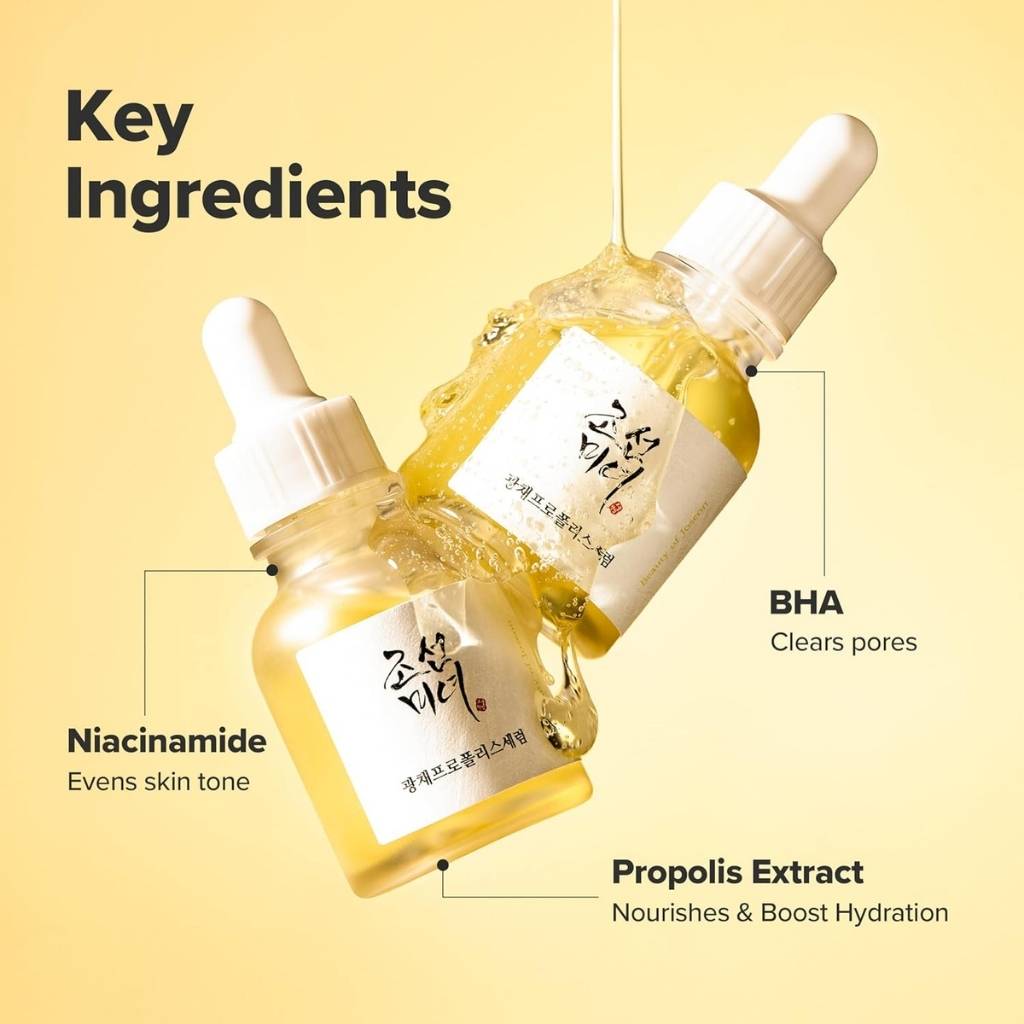 “Flat lay of Beauty of Joseon Glow Serum bottle with propolis and honey ingredients – radiance skincare”
