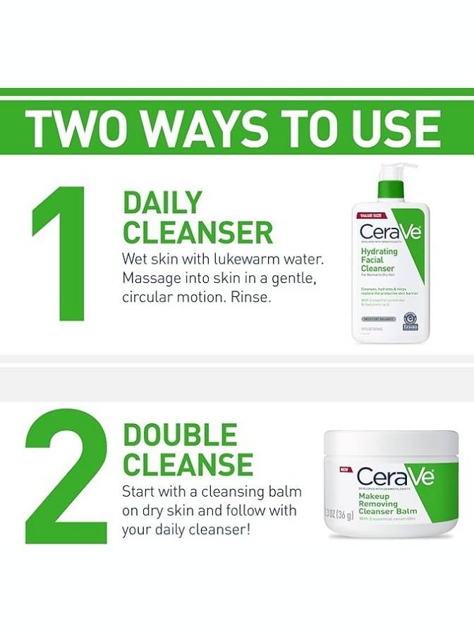 CeraVe skincare products with instructions on two ways to use them on a white background.