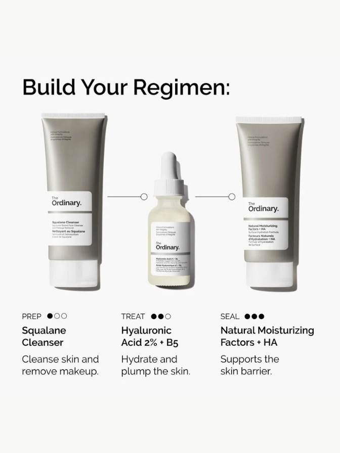 Three skincare products from 'The Ordinary' on a white background with text describing their functions.