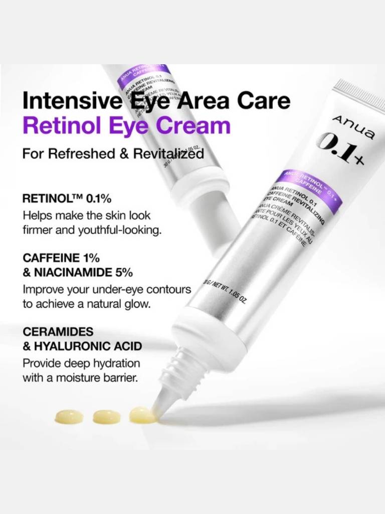 Retinol eye cream with text detailing its ingredients and benefits on a white background