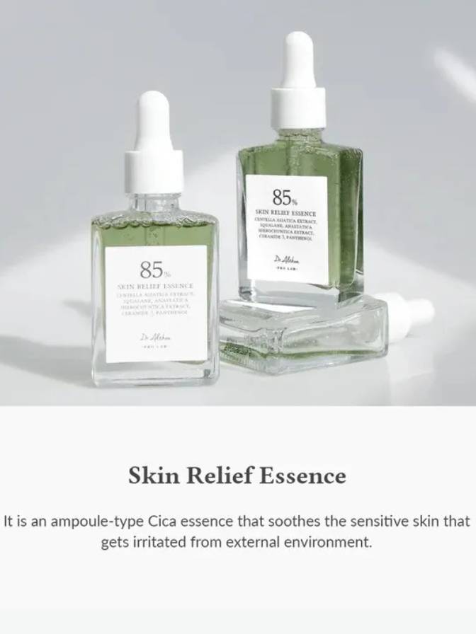 Two bottles of Skin Relief Essence with droppers on a light gray background