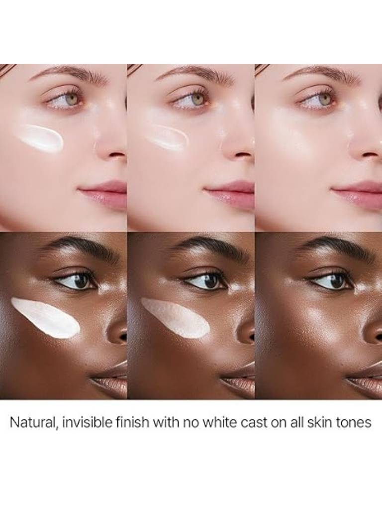 Collage of faces with a product application, showcasing natural finish on various skin tones.