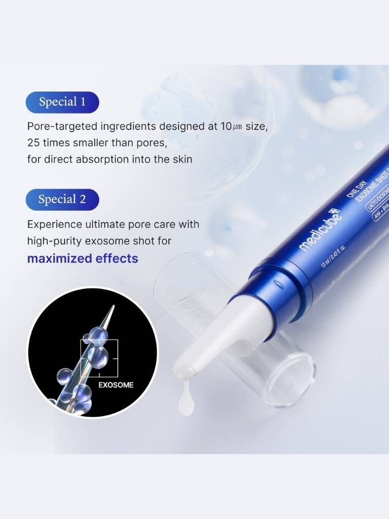 Skincare product with text detailing pore-targeted ingredients and exosome shot benefits on a light blue background.