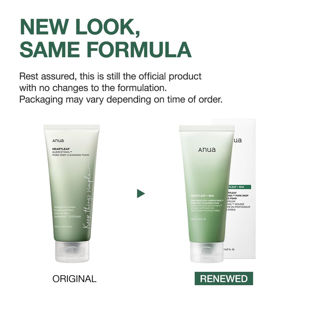 Two green skincare products labeled 'Original' and 'Renewed' with text about product consistency.