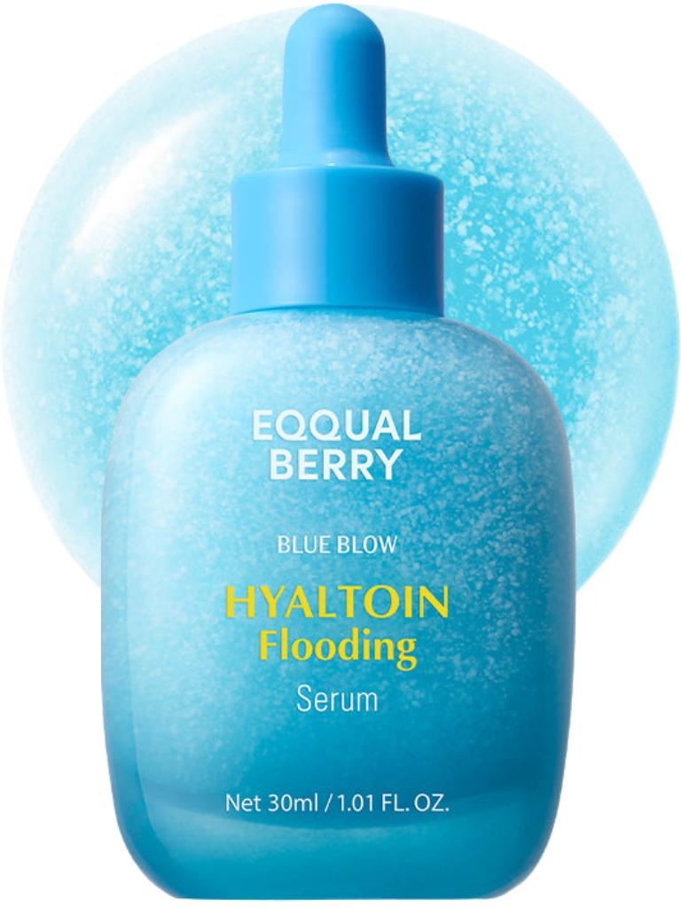 Blue skincare serum bottle with dropper labeled 'Eqqual Berry' on a light blue background
