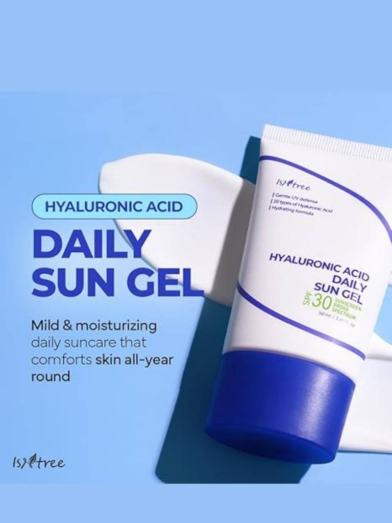 Hyaluronic Acid Daily Sun Gel with packaging on a blue background
