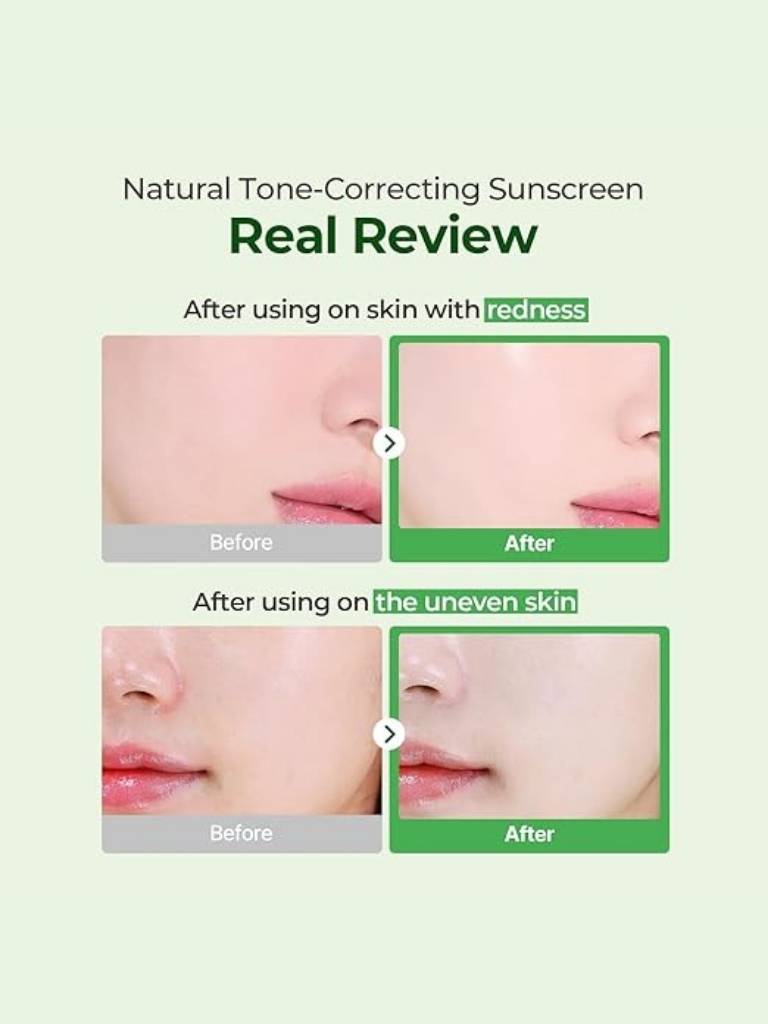 Before and after comparison of a natural tone-correcting sunscreen on skin with redness and uneven texture.