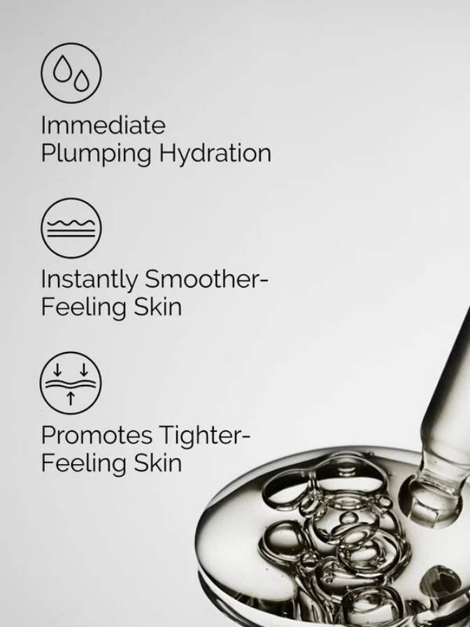 Cosmetic product with text highlighting immediate plumping hydration, smoother skin, and tighter-feeling skin.