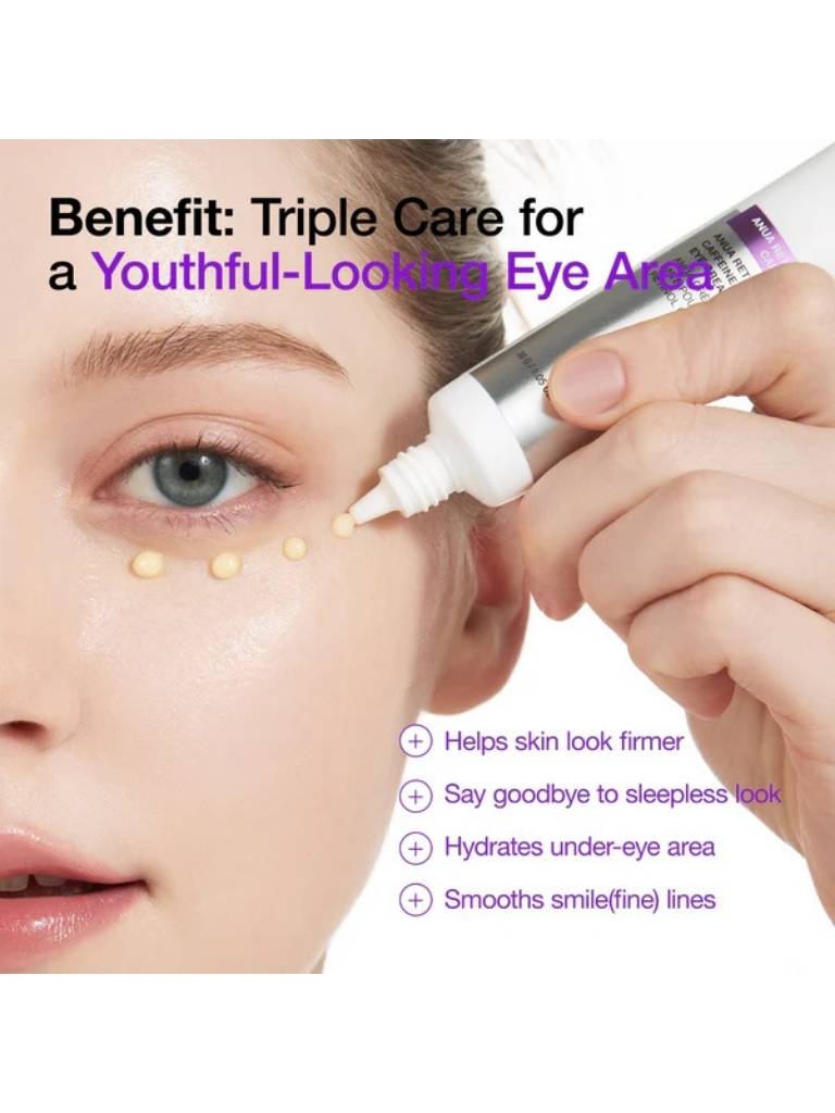 Person applying eye cream with text highlighting benefits on a white background