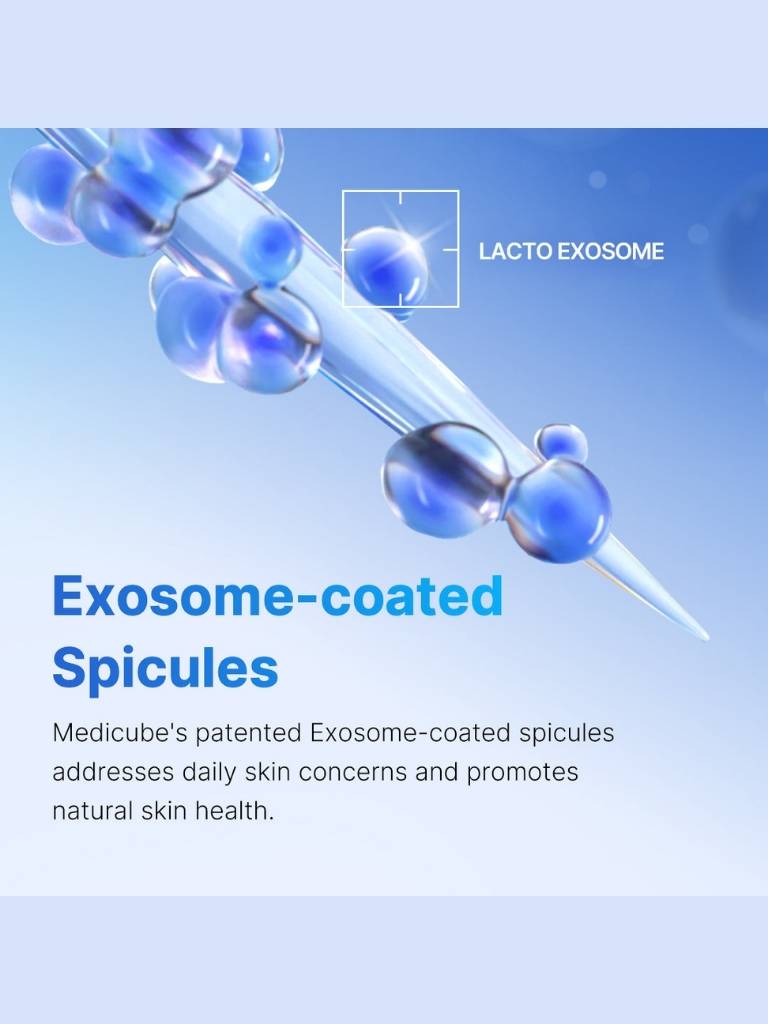 Exosome-coated spicules with Lacto Exosome branding on a blue background