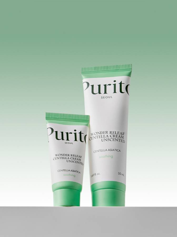Two tubes of Purito Wonder Relief Centella Cream on a light green background