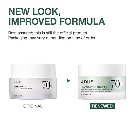 Comparison of anua Heartleaf 70+ Intense Calming Cream packaging, original and renewed versions.