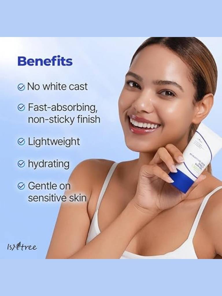 Woman holding a skincare product with benefits listed on a blue background