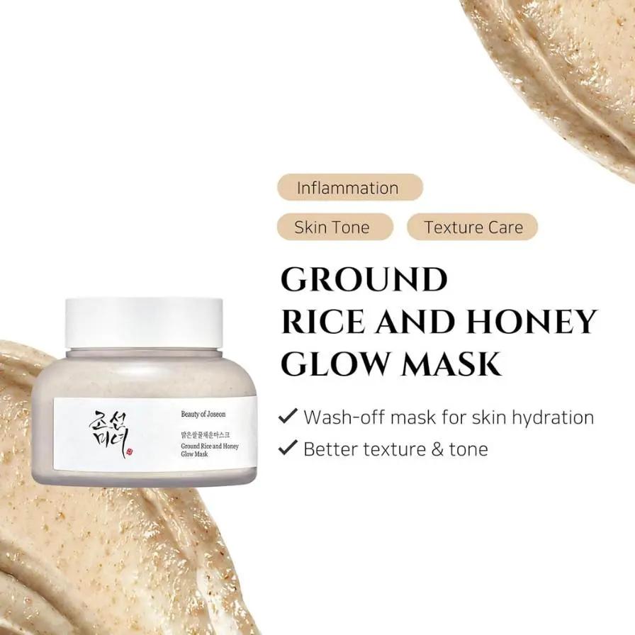 Ground rice and honey glow mask with product details on a white background