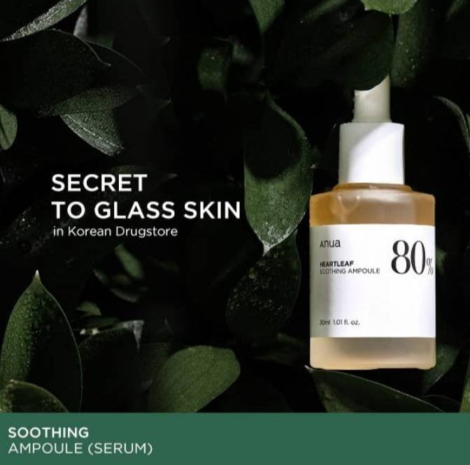 Skincare serum bottle with green leaves in the background, labeled 'Secret to Glass Skin'.