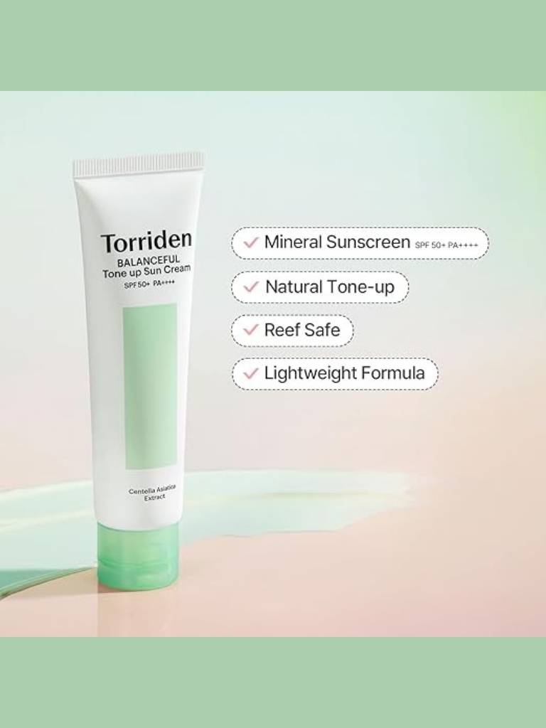 Tube of Torriden sunscreen cream with features listed on a gradient background
