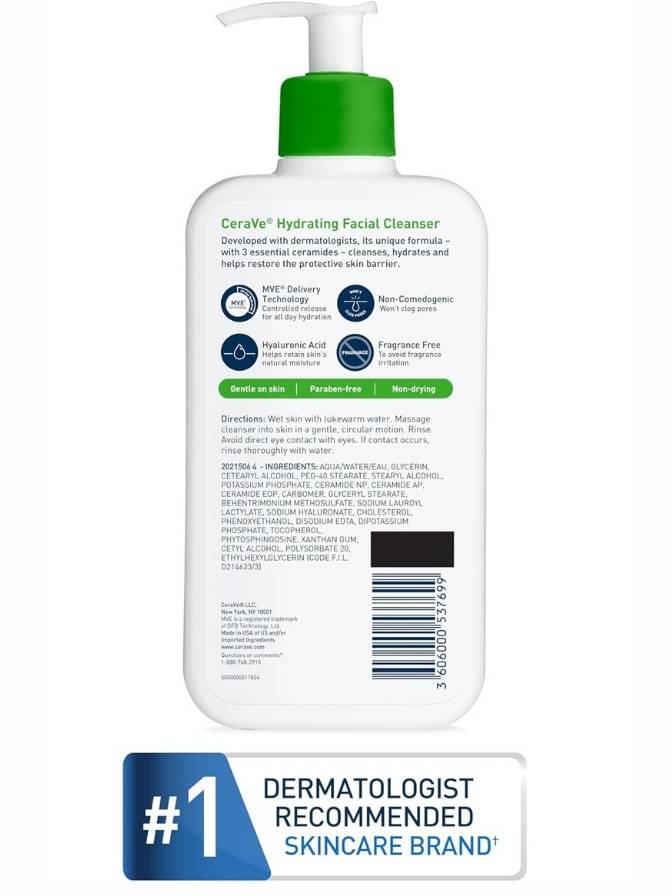 Facial cleanser bottle with label and dermatologist recommended badge on a white background