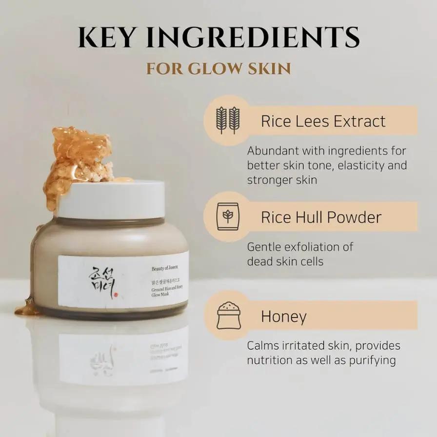 Skincare product with key ingredients for glow skin displayed on a light background