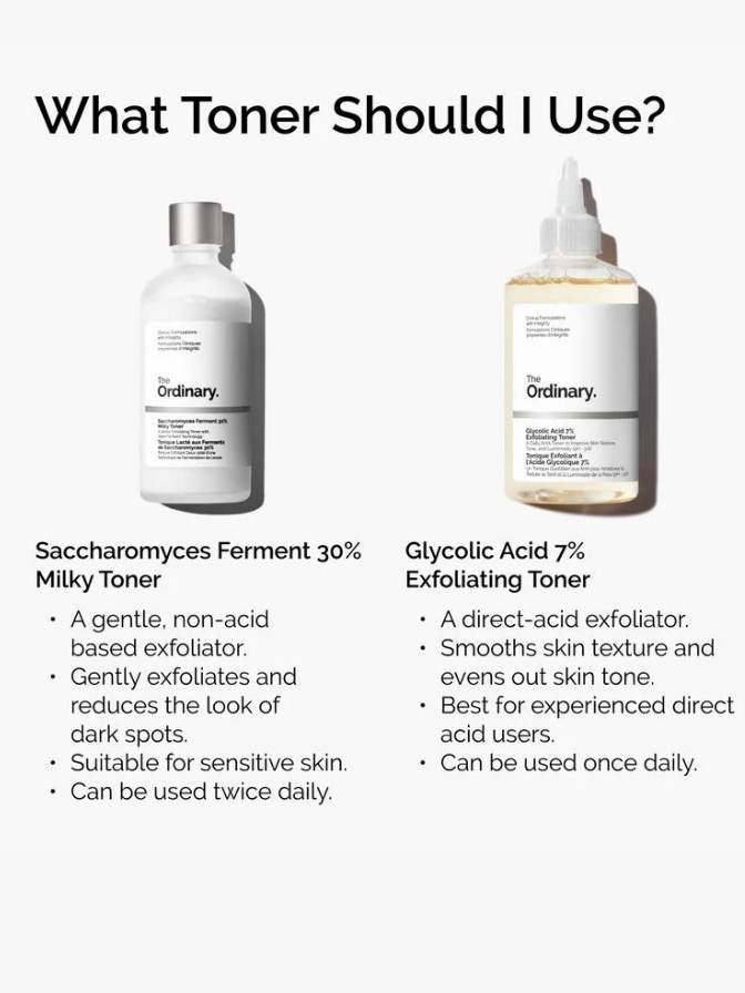 Two skincare toner bottles with product details on a white background